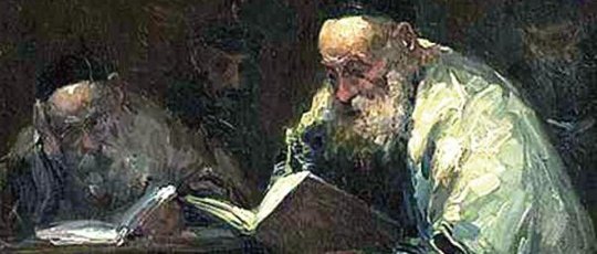 Adolf Behrmann, Die Talmud-Leser, 20. Jh. Ausschnitt. Lizenz: PD-Art. Quelle: http://commons.wikimedia.org/wiki/File:Adolf_Behrman_-_Talmudysci.jpg