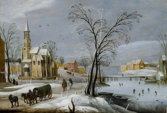Jan Brueghel der Jüngere, Flämisches Dorf im Winter mit Schlittschuhläufern, um 1630–1635. Schweiz, Privatsammlung © Joseph Guttmann, New York