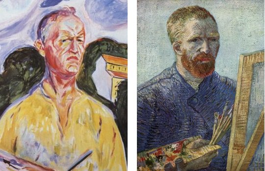 Edvard Munch, Selbstportrait mit Palette, 1926 / Vincent van Gogh, Selbstportrait als Maler, 1887-88. Ausschnitte