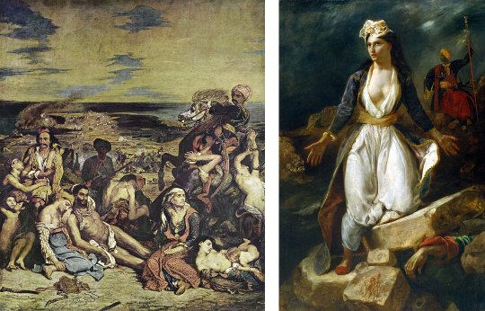 Eugène Delacroix, Scènes des massacres de Scio, 1824 / La Grèce sur les ruines de Missolonghi, 1826. Lizenz: PD-Art. Quelle: Wikimedia Commons / Wikimedia Commons