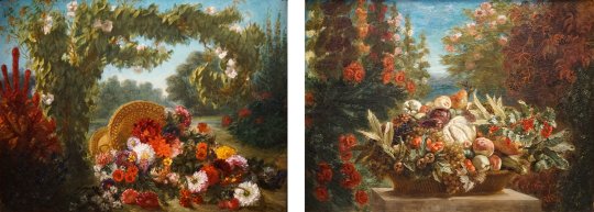 Eugène Delacroix, Corbeille de fleurs renversée dans un jardin / Panier de fruits dans un jardin fleuri, 1848/49. Foto: jvf