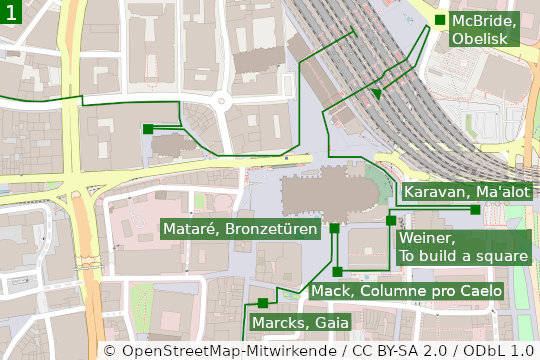 Skulpturen in Köln - Der 1. Teil des Rundgangs. Rechte Kartographie: © OpenStreetMap-Mitwirkende / CC BY-SA 2.0 / ODbL 1.0