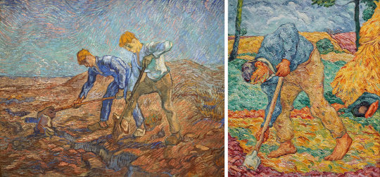 Vincent van Gogh, Bauern bei der Feldarbeit, 1889 / Heinrich Nauen, Grabender Bauer, 1908. Foto: jvf, Lizenz: PD-Art