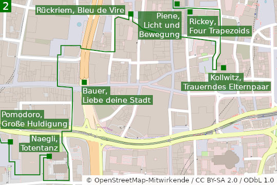 Skulpturen in Köln - Der 2. Teil des Rundgangs. Rechte Kartographie: © OpenStreetMap-Mitwirkende / CC BY-SA 2.0 / ODbL 1.0