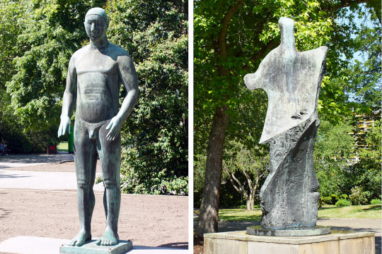 Skulpturen im Grugapark Essen: Gerhard Marcks, Großer Adam, 1953 / Henry Moore, Knife Edge, 1961. Foto: jvf