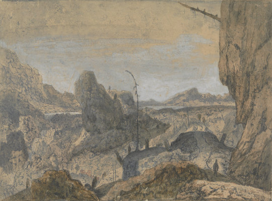 Hercules Segers, Felsenlandschaft mit gehendem Menschen zur Rechten, Erste Version, 1625-1630. Beschnitten. Quelle: Rijksmuseum, Lizenz: CC0 1.0