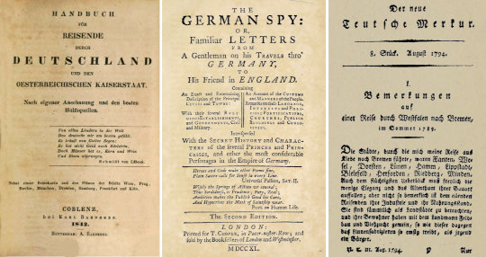 Reiseführer und Reiseberichte, Titelblätter: Handbuch für Reisende / The German Spy / Bemerkungen auf einer Reise