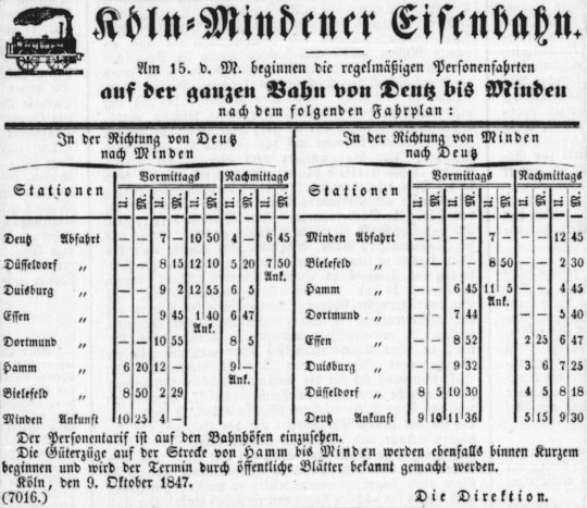 Anzeige Köln-Mindener Eisenbahn. Stadt-Aachener Zeitung, Nr. 1847/285 (12. Oktober 1847), S. 4. Digitalisat: zeit.punktNRW