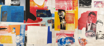 Robert Rauschenberg, Axle, 1964. Vierteilig: Öl und Siebdrucktinte auf Leinwand, 274 × 610 cm. Museum Ludwig, Köln / Schenkung Sammlung Ludwig. Foto: Historisches Archiv mit Rheinischem Bildarchiv, © Jasper Johns, VG Bild-Kunst, Bonn 2025 Robert Rauschenberg, Axle, 1964. Vierteilig: Öl und Siebdrucktinte auf Leinwand, 274 × 610 cm. Museum Ludwig, Köln / Schenkung Sammlung Ludwig. Foto: Historisches Archiv mit Rheinischem Bildarchiv, © Jasper Johns, VG Bild-Kunst, Bonn 2025