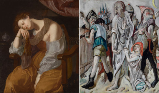 Artemisia Gentileschi, Büßende Maria Magdalena, 1625/26. Öl auf Leinwand, 108.8 x 93 cm. Kimbell Art Museum, Kahn Building, South Gallery, Fort Worth, Texas. / Max Beckmann, Christus und die Sünderin, 1917. Öl auf Leinwand, 149.2 x 126.7 cm. Saint Louis Art Museum, Foto © Bequest of Curt Valentin