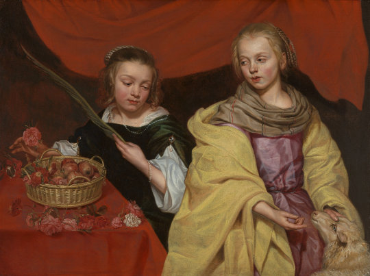 Michaelina Wautier, Zwei Mädchen als hl. Agnes und hl. Doro­thea, um 1655. Öl auf Lein­wand, 89,7 × 122 cm. König­liches Museum für Schöne Künste Ant­werpen – Flämische Gemein­schaft. Foto: Rik Klein Gotink, gemein­frei
