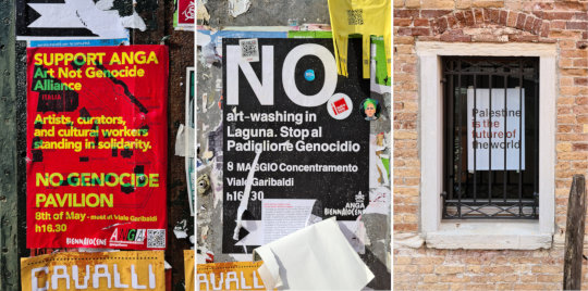 Venedig, rund um das Arsenale, Protestplakate und Aufrufe zur Demonstration gegen den israelischen Pavillon. Fotos: jvf