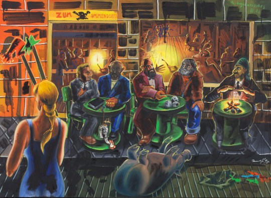 Jörg Immendorff, Café, 1990, Öl auf Lein&shy;wand, 140 x 160 cm, Sammlung der Stadt&shy;spar&shy;kasse Düssel&shy;dorf im Kunst&shy;palast, Düssel&shy;dorf, Foto: Kunst&shy;palast, Düssel&shy;dorf – LVR-ZMB – Stefan Arendt, © VG Bild-Kunst, Bonn 2026