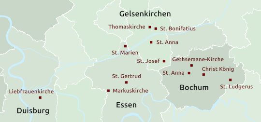 Manifesta 16 Ruhr: Karte der Hauptstandorte. Grafik: jvf