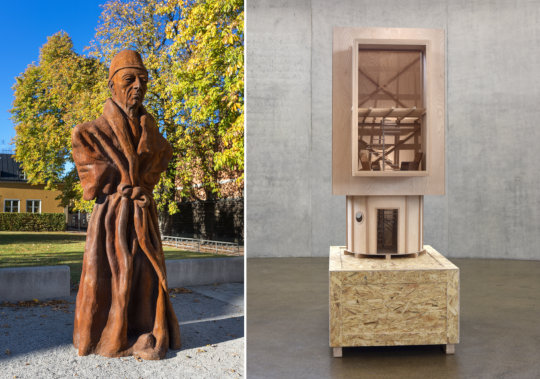 Thomas Schütte, Vater Staat, 2010 / One Man House V, 2005. Stahl, 373 x 155 x 110 cm / Holz, mixed media, 275 x 113 x 162 cm, Kunstsammlung Nordrhein-Westfalen, Düsseldorf. Fotos: Åsa Lundén – Moderna Museet, Stockholm / Luise Heuter, Düsseldorf